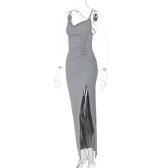 Cowl neck slit ruched cross back midi dress
