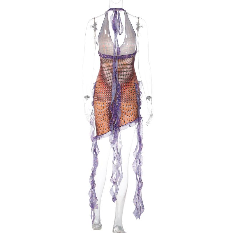 Deep V neck ruffle body print irregular mini dress