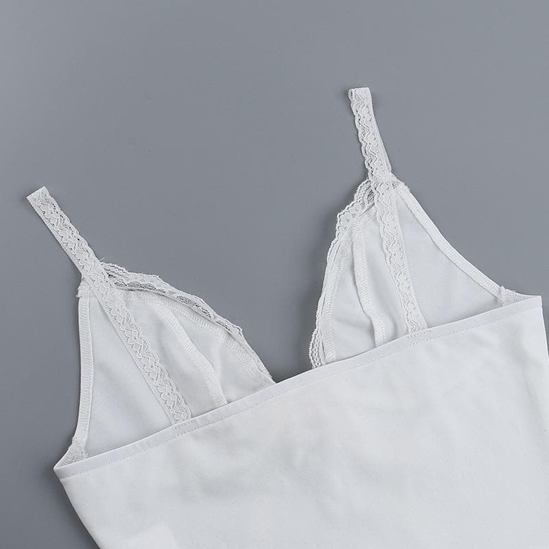 V neck lace hem backless bowknot ribbon crop cami top