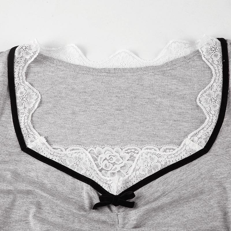 Long sleeve lace hem bowknot top