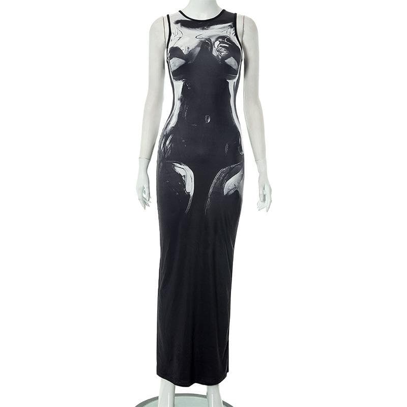 Crewneck body print contrast tank maxi dress