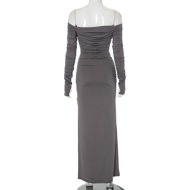 Off shoulder long sleeve slit ruched maxi dress