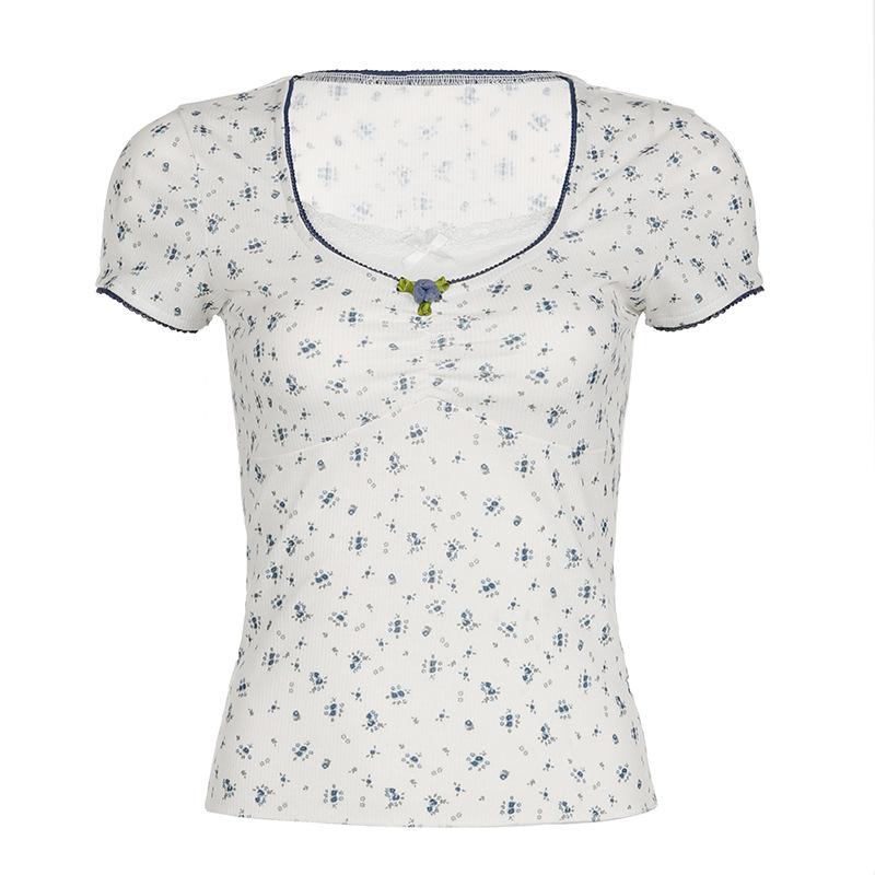 Short sleeve patchwork flower applique print top