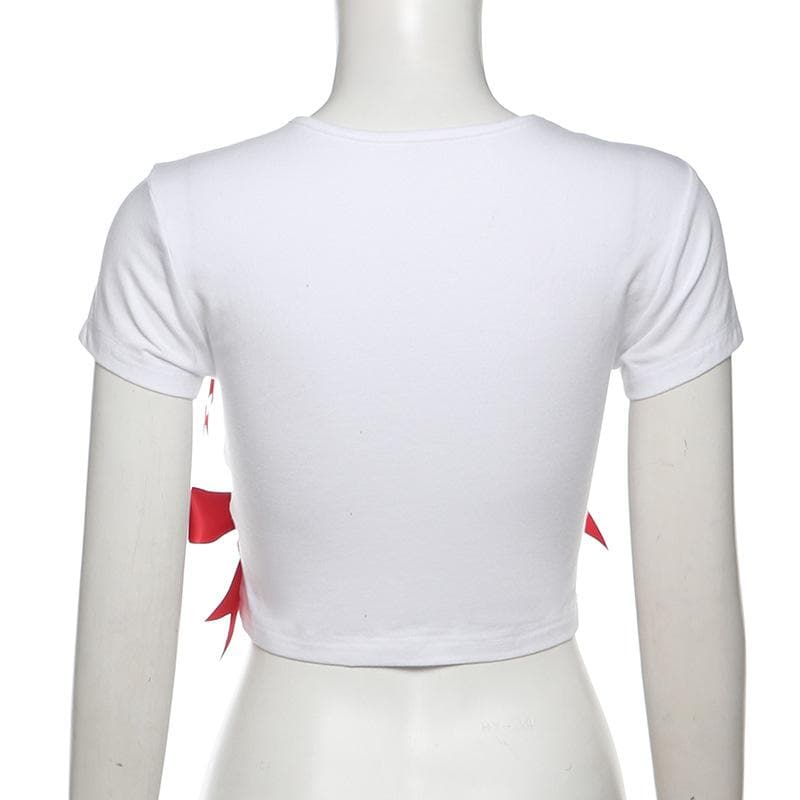 Short sleeve bowknot crewneck contrast top