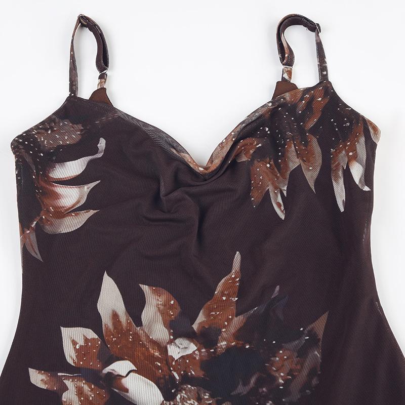 Cowl neck flower print irregular mesh midi dress
