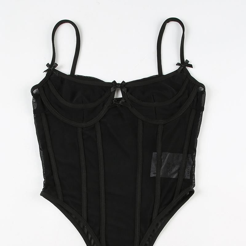 Sweetheart neck corset bowknot mesh cami bodysuit