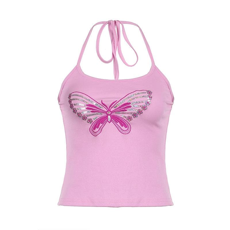 Halter backless glitter embroidery butterfly pattern top