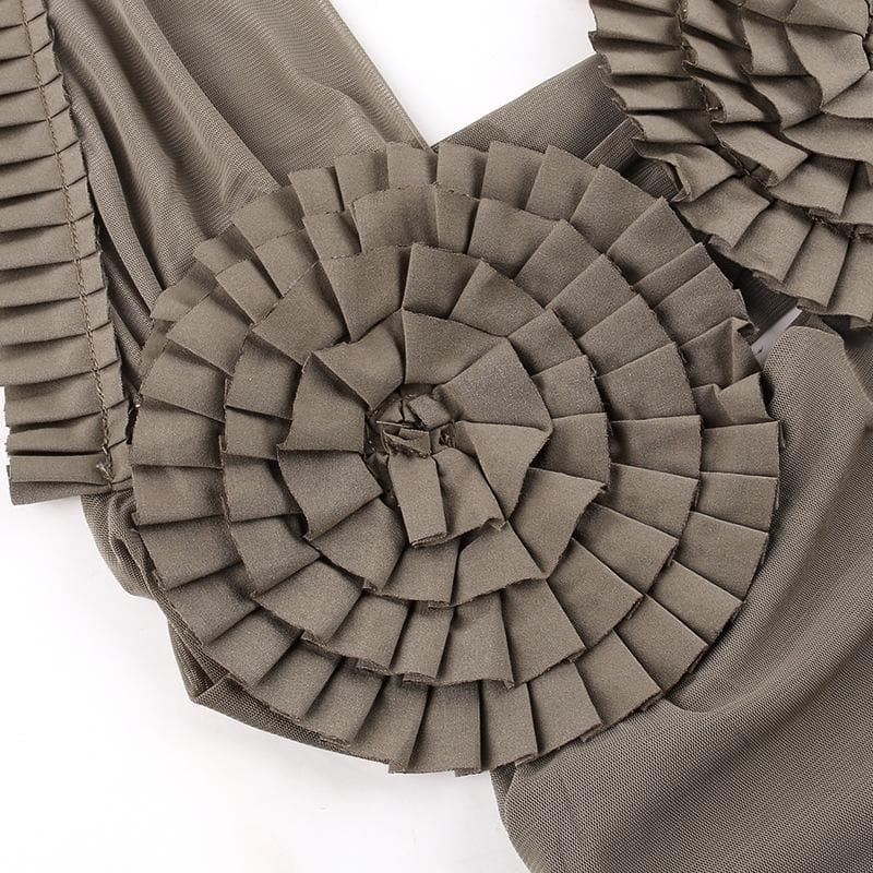 Halter pleated hollow out ruched mesh backless cut out top