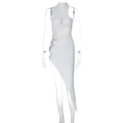 One shoulder high neck o ring irregular midi dress