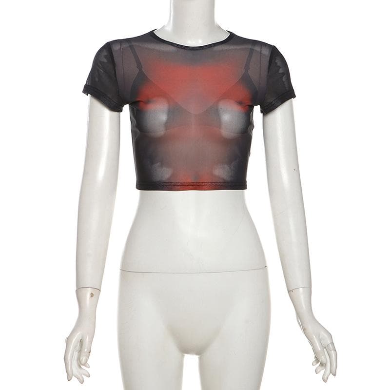 Short sleeve body print sheer mesh crop top