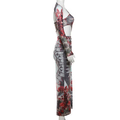 Irregular print contrast drawstring ruched high slit hollow out maxi dress  | red tango dress