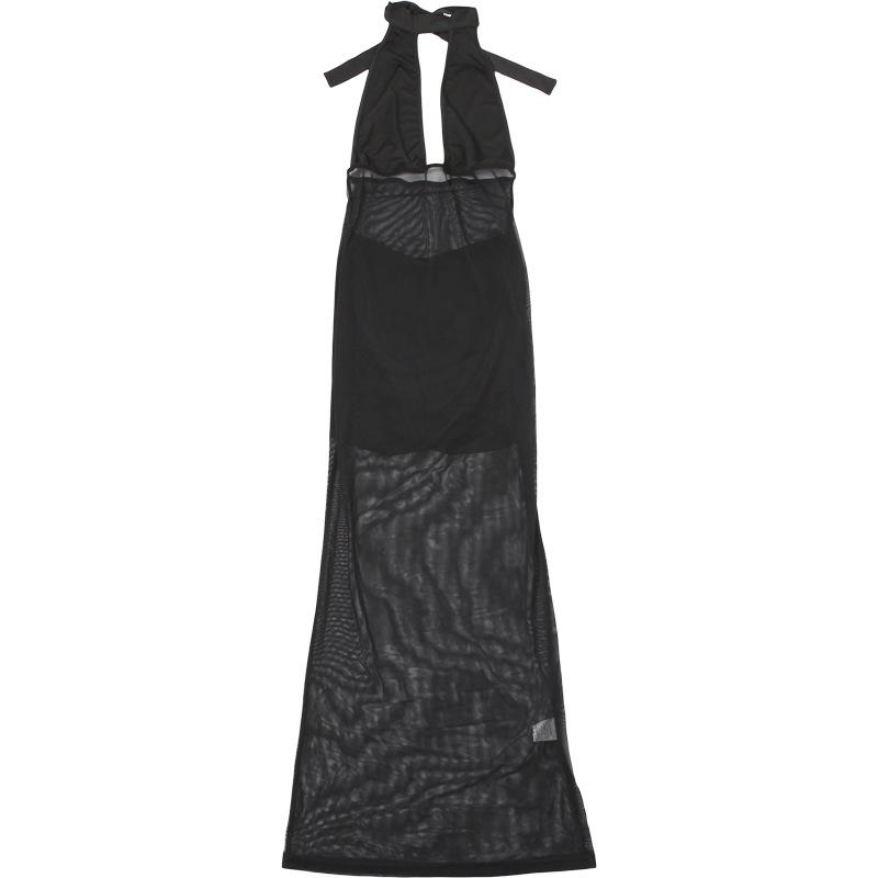 Halter hollow out mesh patchwork maxi dress