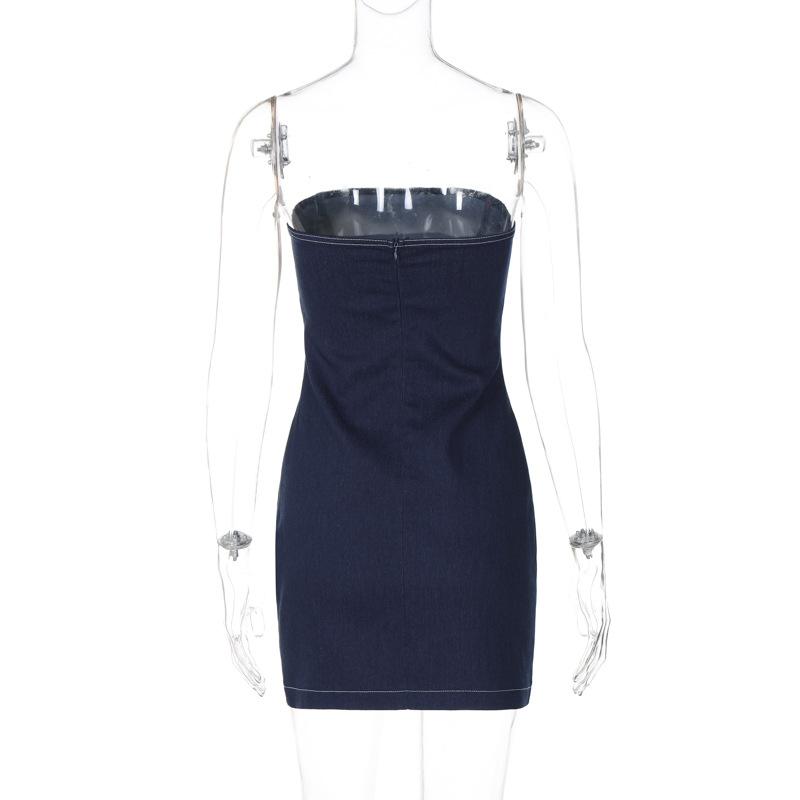 Denim stitch zip-up backless tube mini dress
