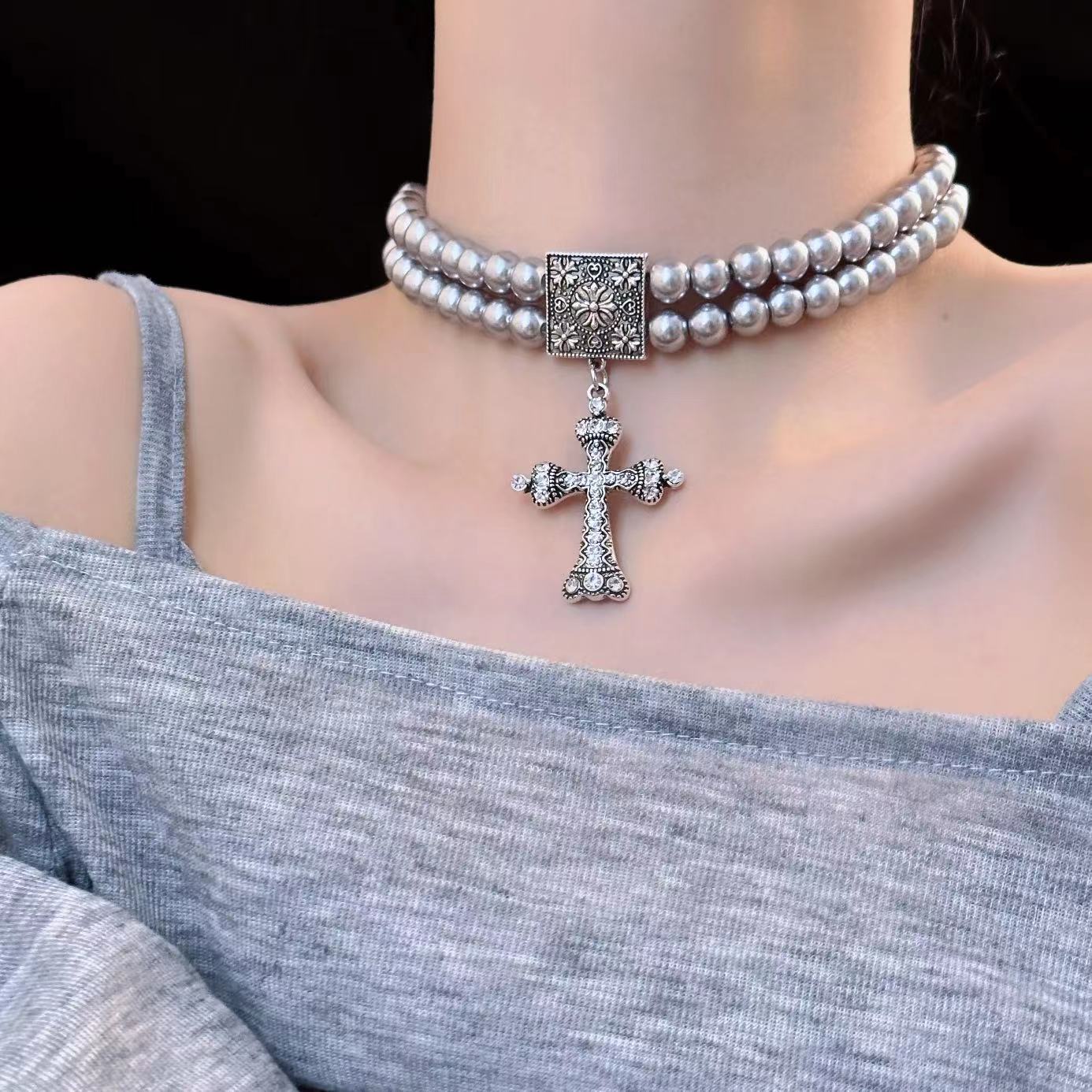 Layered faux pearl cross pendant choker necklace