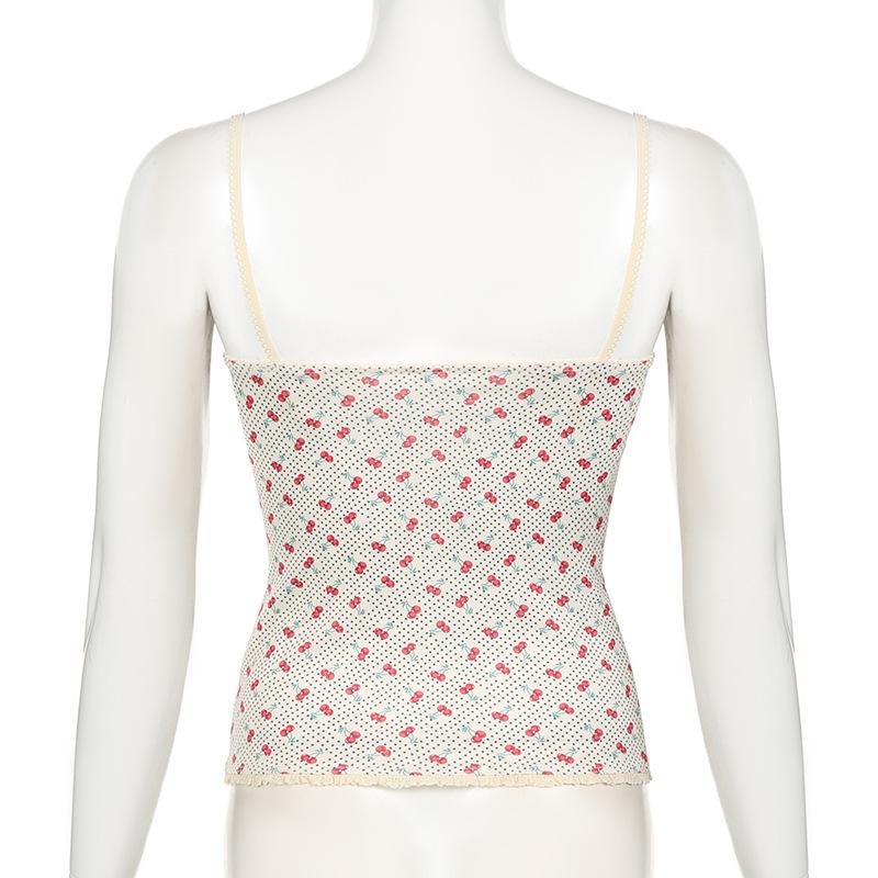 V neck cherry print bowknot lace hem polka dot cami top