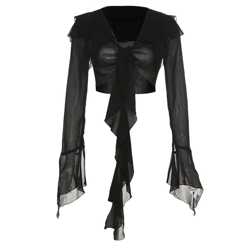 Solid long sleeve turnover collar bowknot self tie crop top