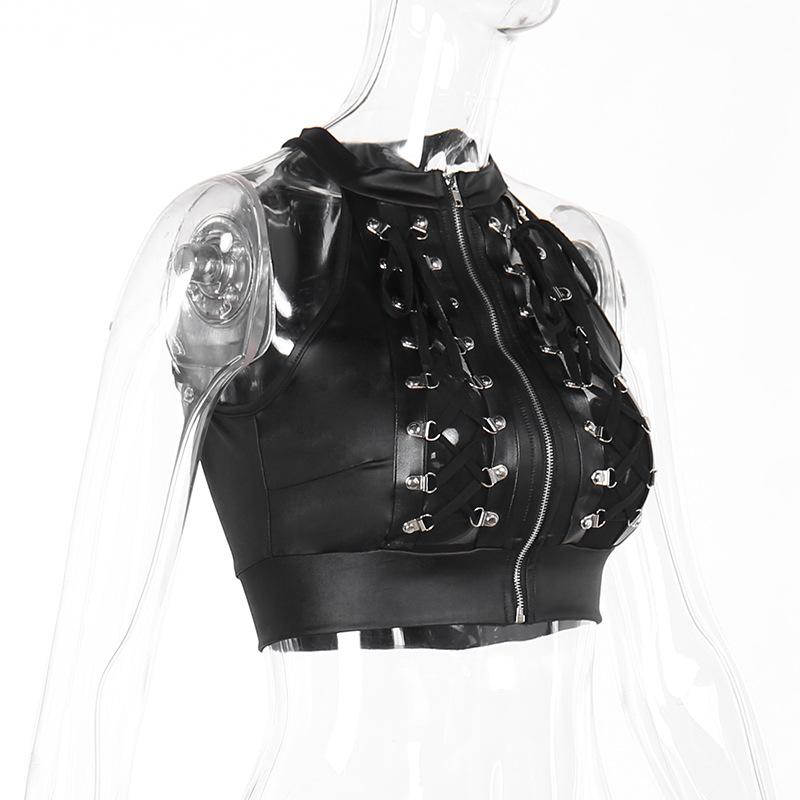 Sleeveless crewneck PU leather lace up zip-up crop top