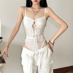 Lace up bowknot lace mesh patchwork cami bodysuit