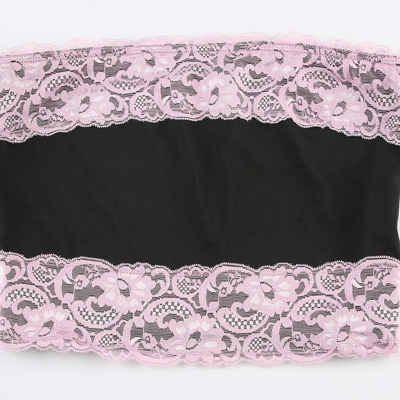 Lace patchwork contrast backless tube top
