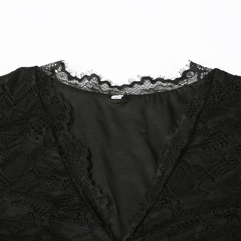 V neck long sleeve lace self tie mini dress