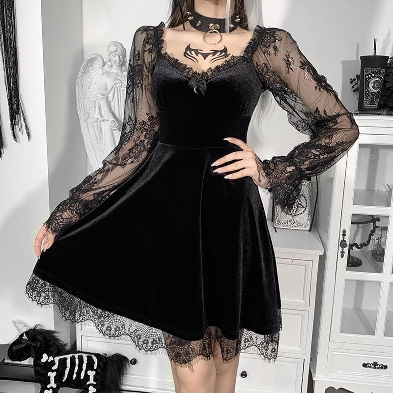 Velvet lace patchwork long sleeve contrast mini dress  | red tango dress