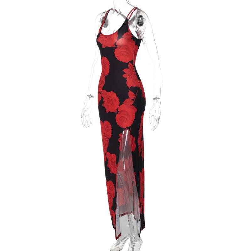 Rose print u neck slit cross back cami maxi dress  | red tango dress