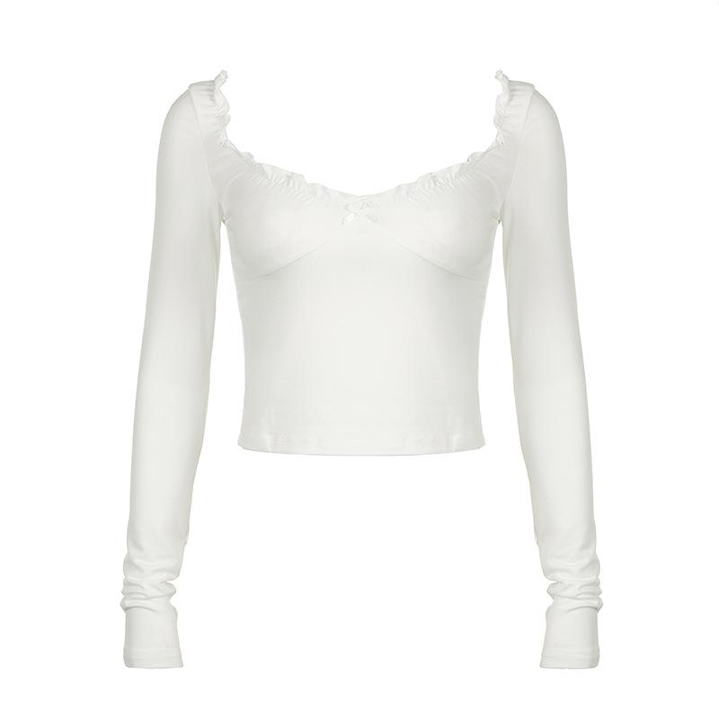 Long sleeve bowknot sweetheart neck ruffle top