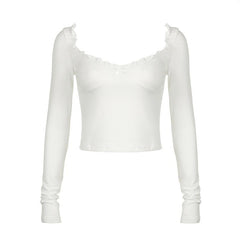 Long sleeve bowknot sweetheart neck ruffle top