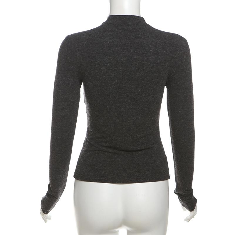High neck long sleeve beaded cross pattern hollow out top