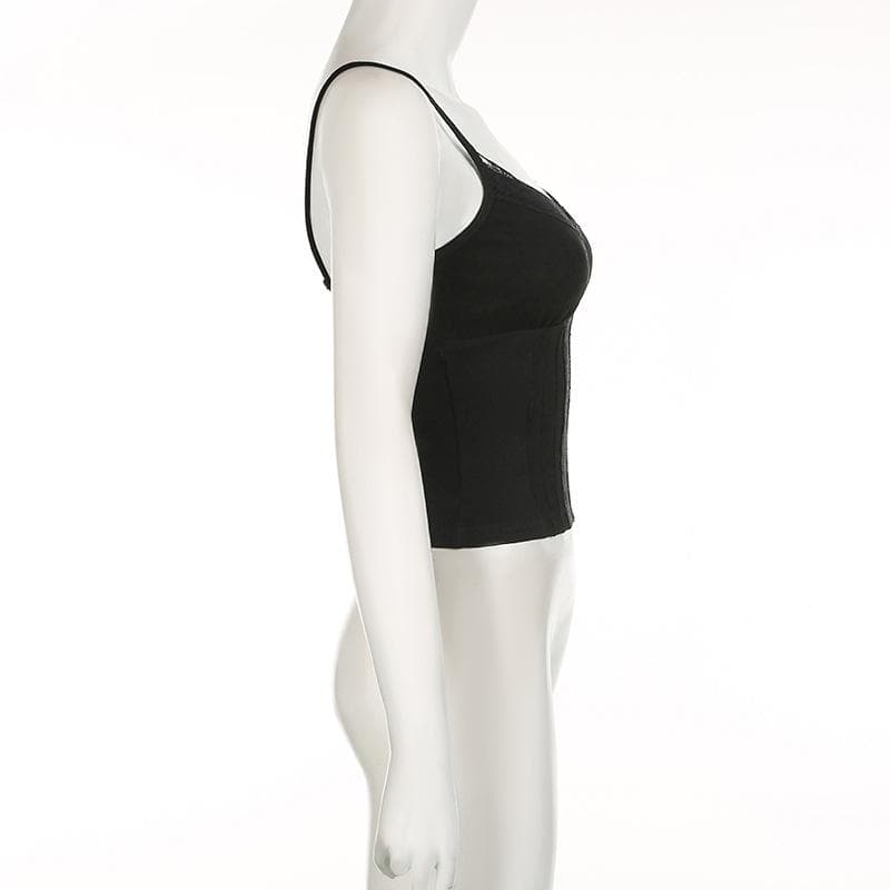 Stitch v neck lace hem backless solid cami top