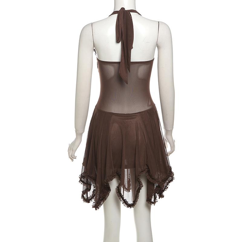 Halter lace up ruffle ruched mesh mini dress
