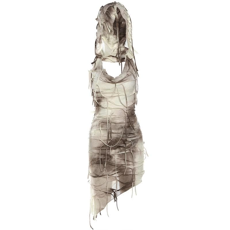 Cowl neck hoodie tie dye irregular mini dress