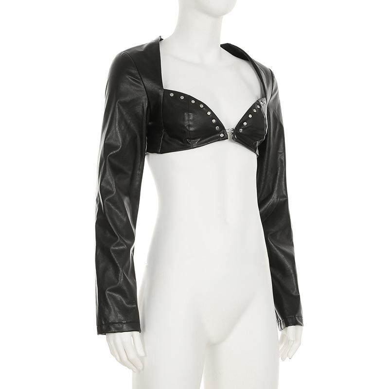 PU leather sweetheart neck long sleeve crop top