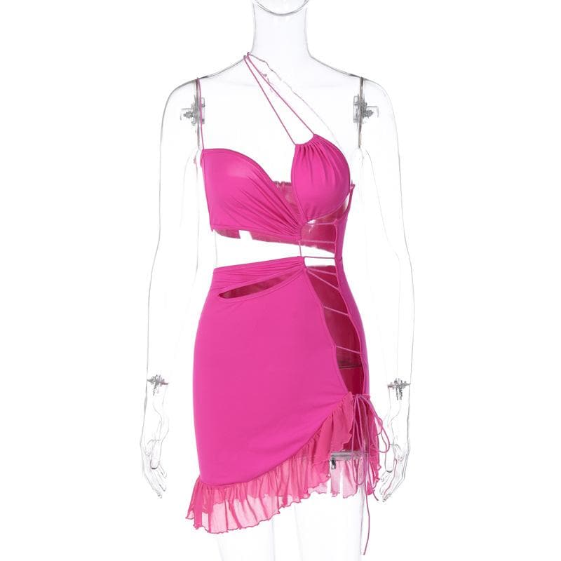 Irregular hollow out ruffle backless one shoulder spaghetti strap mini dress  | red tango dress