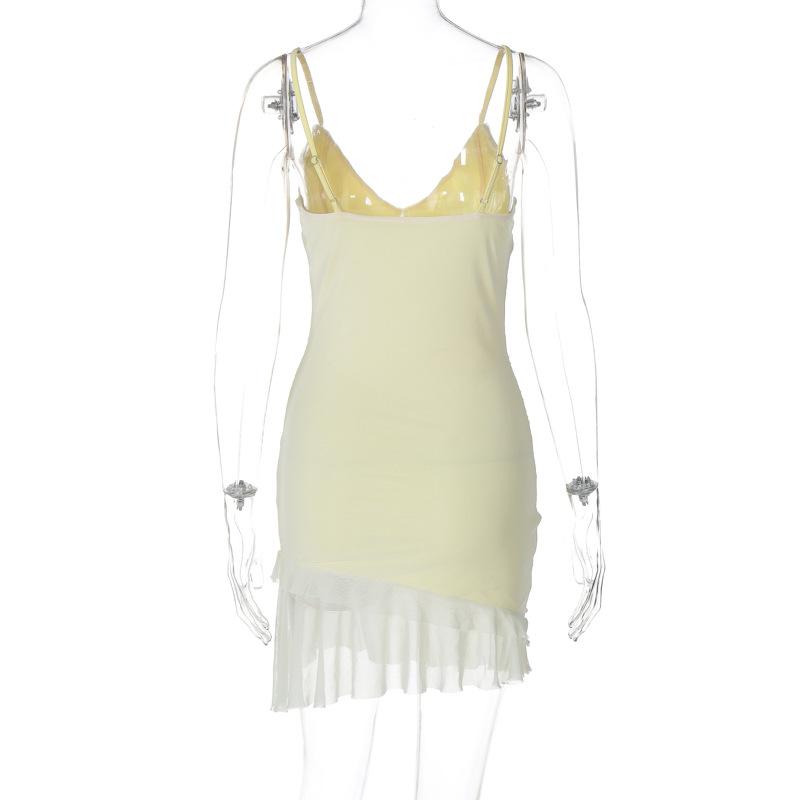 V neck ruffle hollow out ruched mesh cami mini dress
