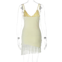 V neck ruffle hollow out ruched mesh cami mini dress