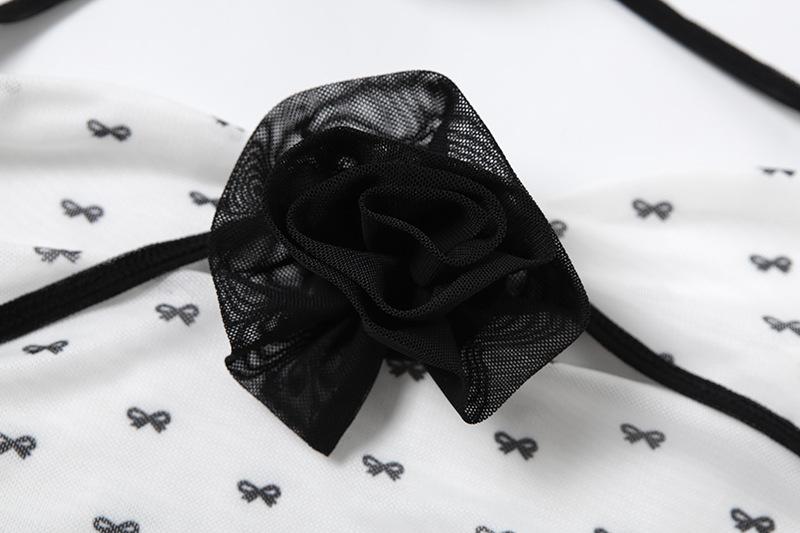 Halter self tie ruched flower applique bowknot print top
