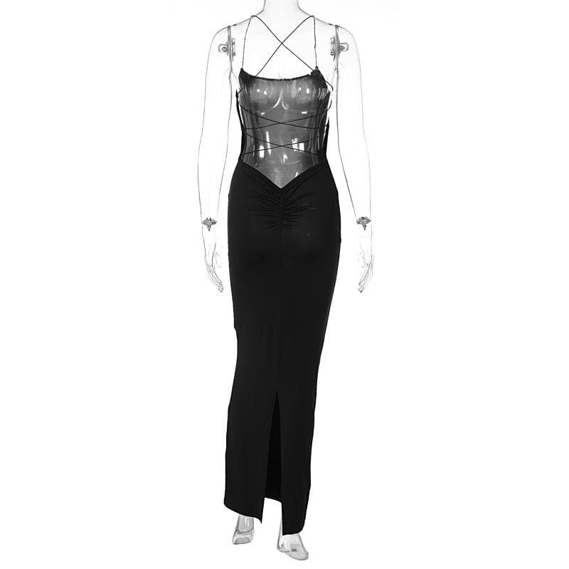 Cross back lace up square neck backless self tie slit maxi dress  | black rave dress  | black rave dress