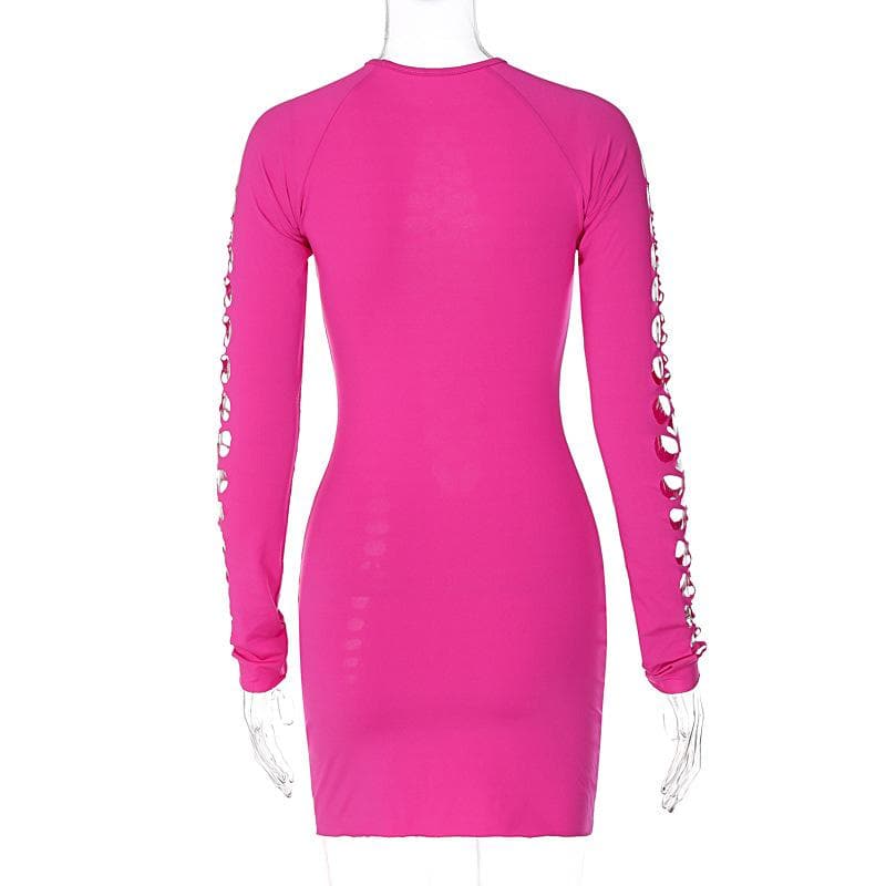 Hollow out long sleeve solid crewneck mini dress  | red tango dress