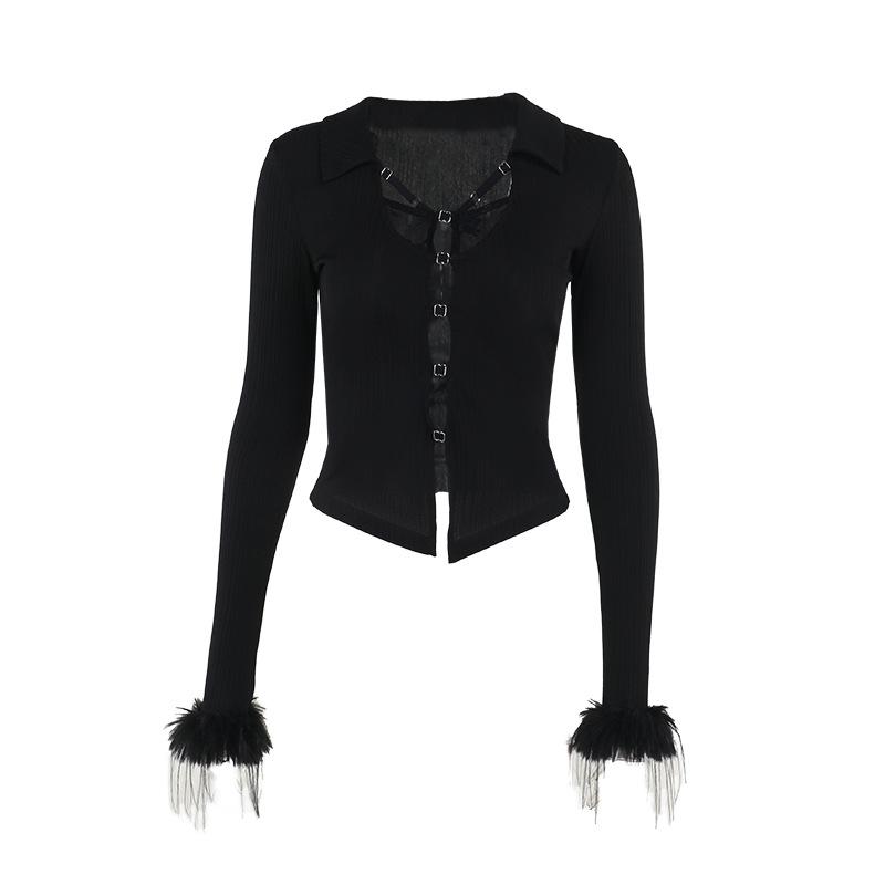 Turnover collar long sleeve fluffy button knitted top