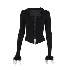 Turnover collar long sleeve fluffy button knitted top