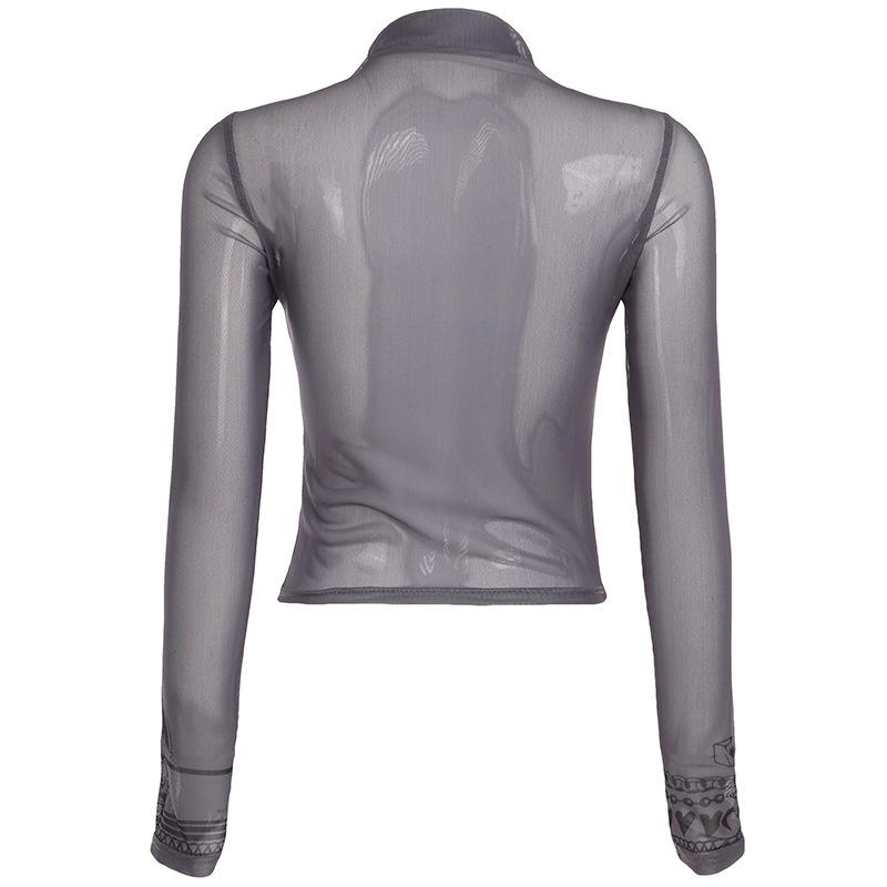 High neck long sleeve mesh butterfly print top