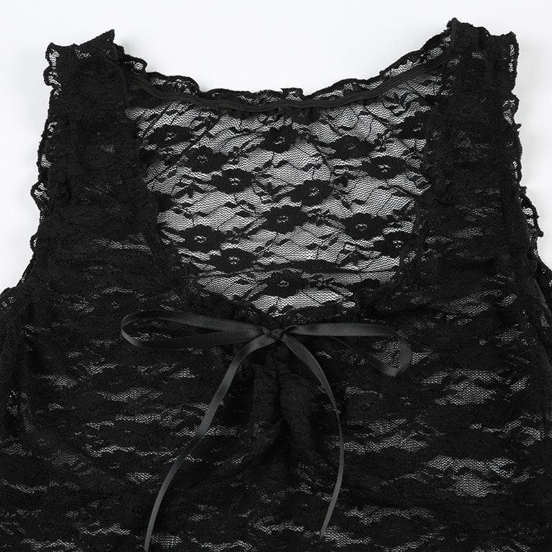 U neck ruffle lace bowknot see through crop top