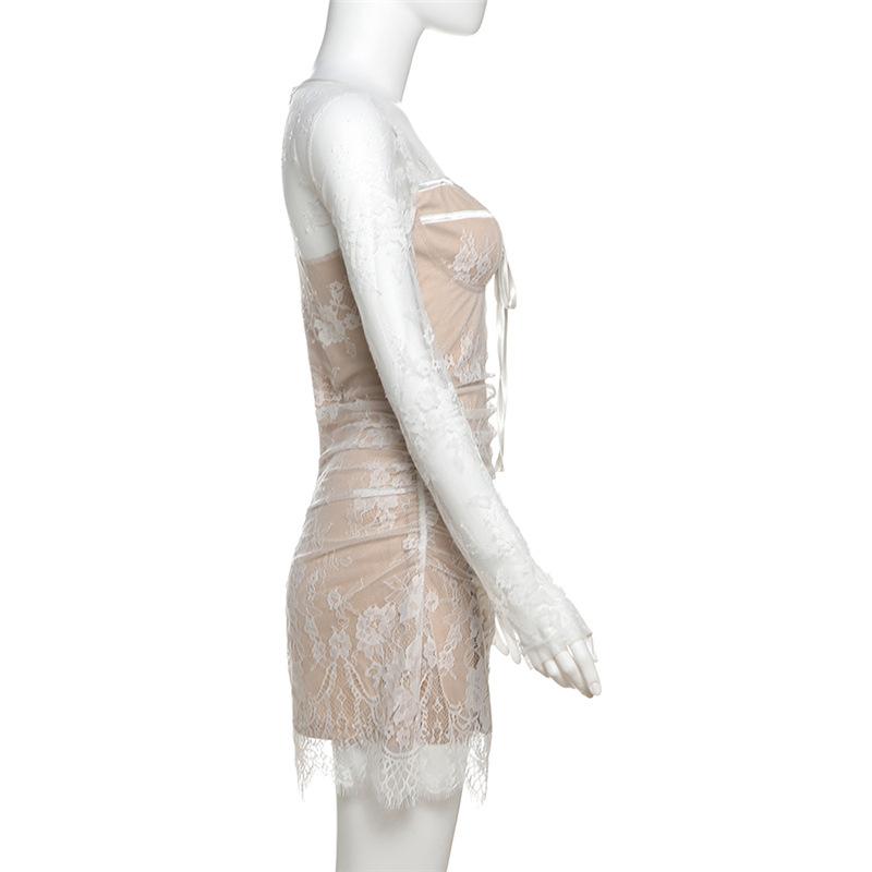 Long sleeve lace zip-up ruched mini dress