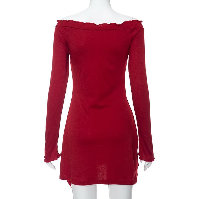 Ruffle solid long sleeve irregular off shoulder mini dress  | red tango dress