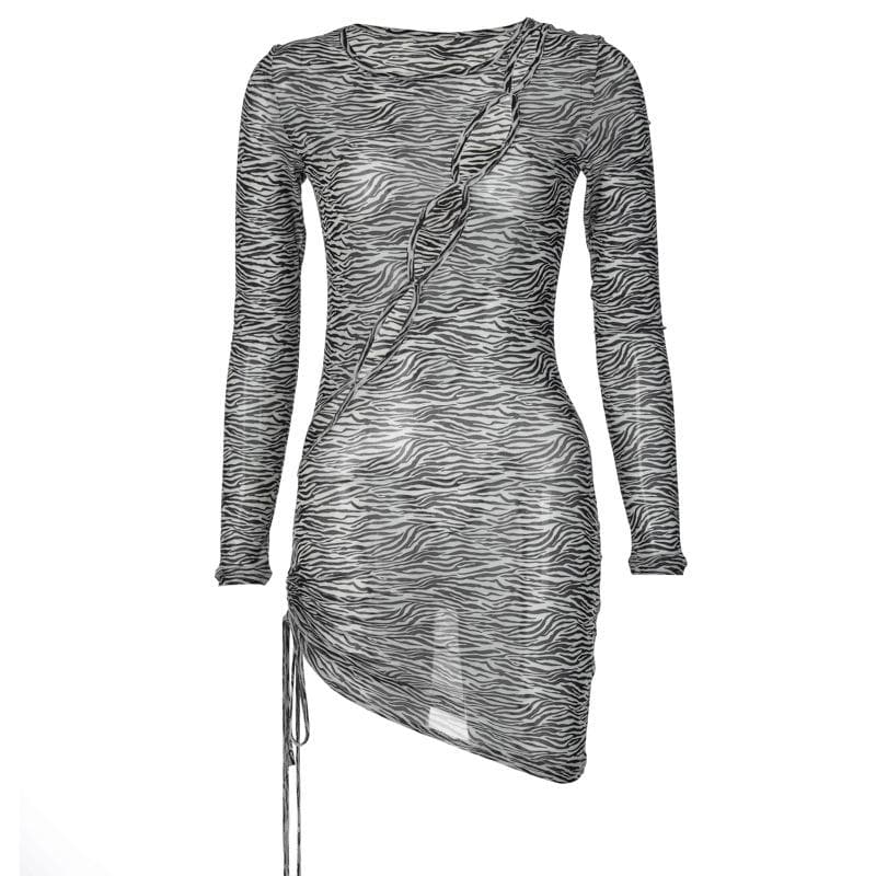Zebra print hollow out irregular long sleeve sheer mesh see through mini dress  | samba dress