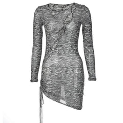 Zebra print hollow out irregular long sleeve sheer mesh see through mini dress  | samba dress