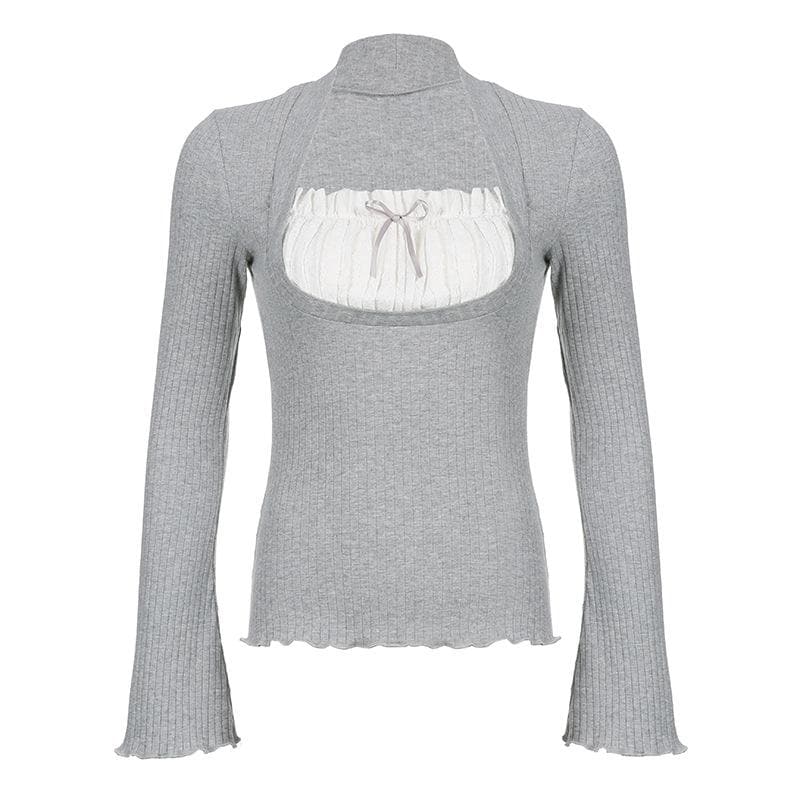 Ruched patchwork contrast long sleeve ruffle top