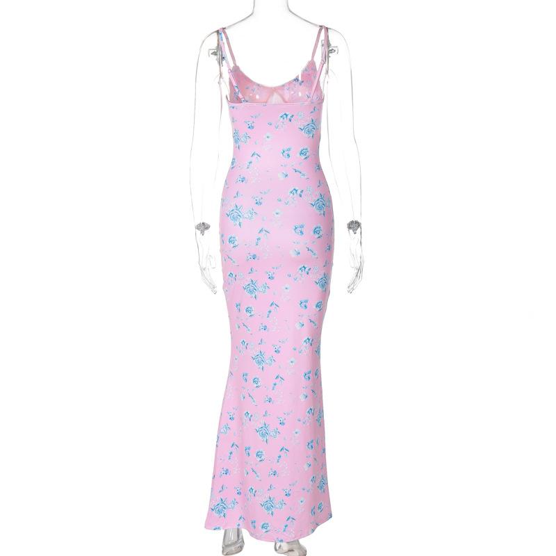 Flower print v neck backless cami maxi dress
