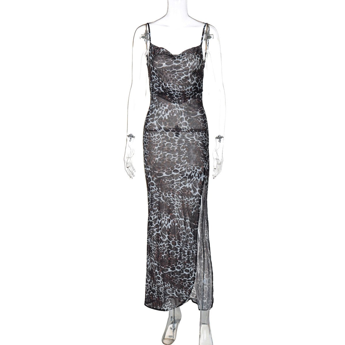Leopard print cowl neck high slit backless cami maxi dress